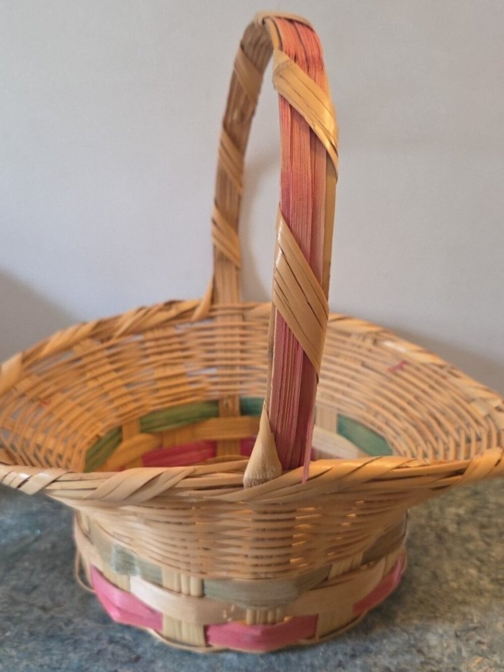 Vintage Easter Bonnet Basket Woven Wicker Pink and Green Bands Mexico - Picture 2 of 12